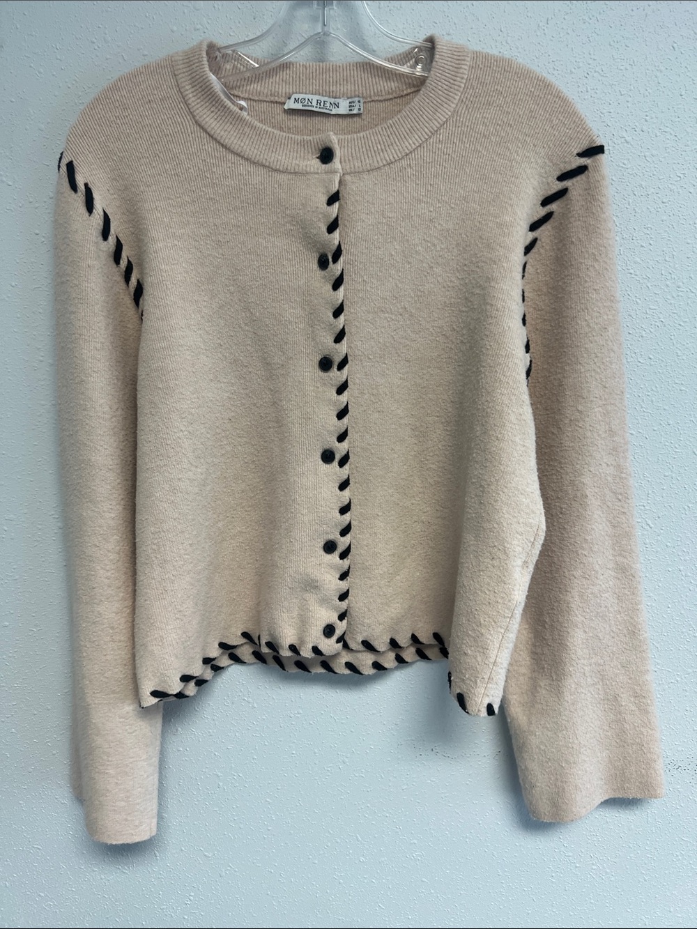 Mon Réin Cream Cardigan with Dark Brown  Whipstitch Trim